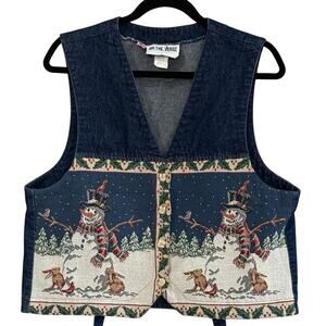 VINTAGE On The Verge Xmas Snowman Tapestry Denim Vest Women's Size L Made In USA